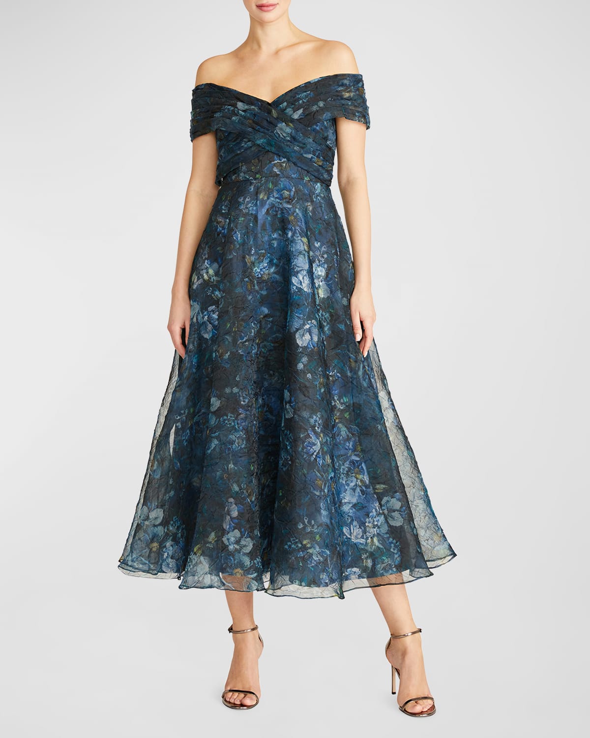 THEIA AUDEN FLORAL-PRINT OFF-SHOULDER MIDI DRESS