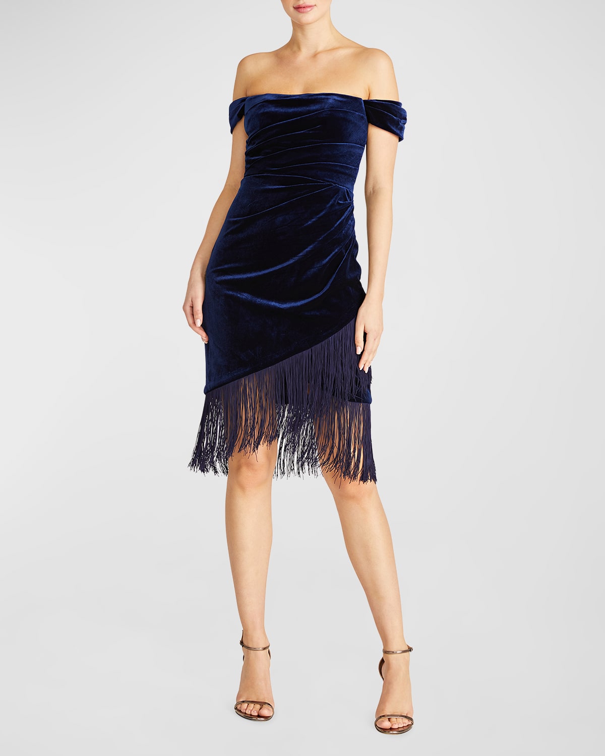 Shop Theia Melissa Off-shoulder Fringe Velvet Midi Dress In Navy