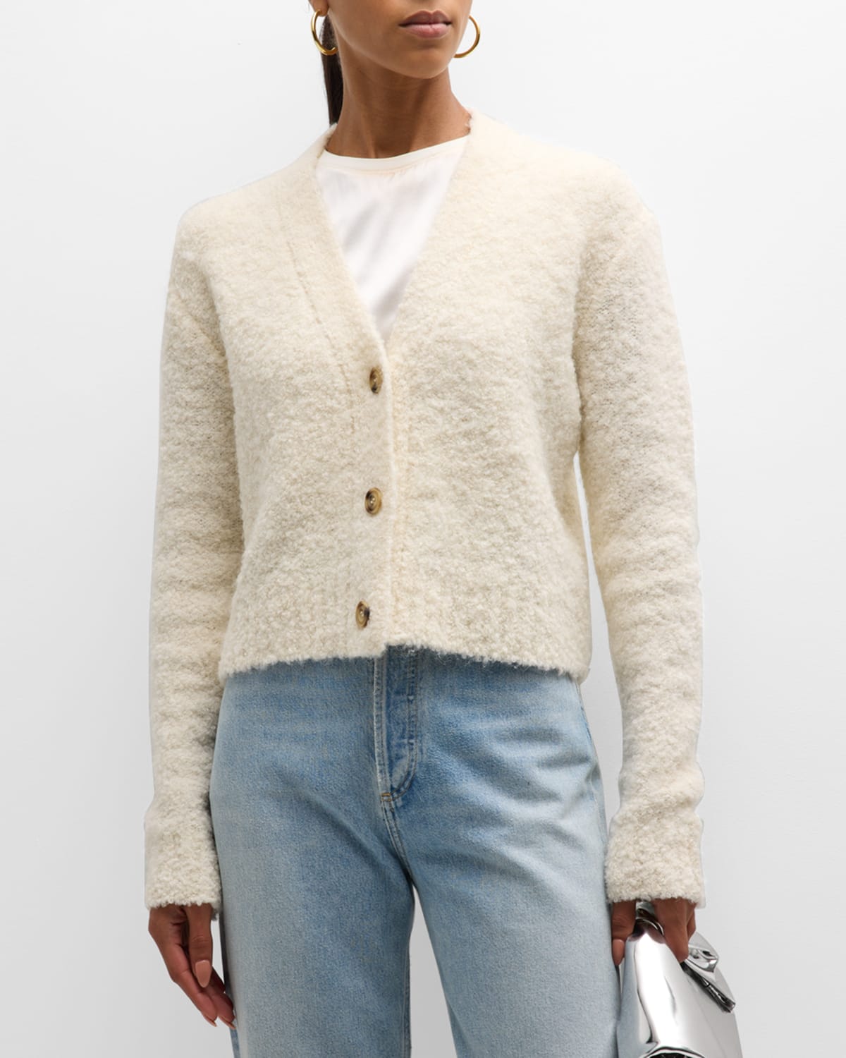 Shop Atm Anthony Thomas Melillo Wool-blend Boucle Cropped Cardigan In Chalk