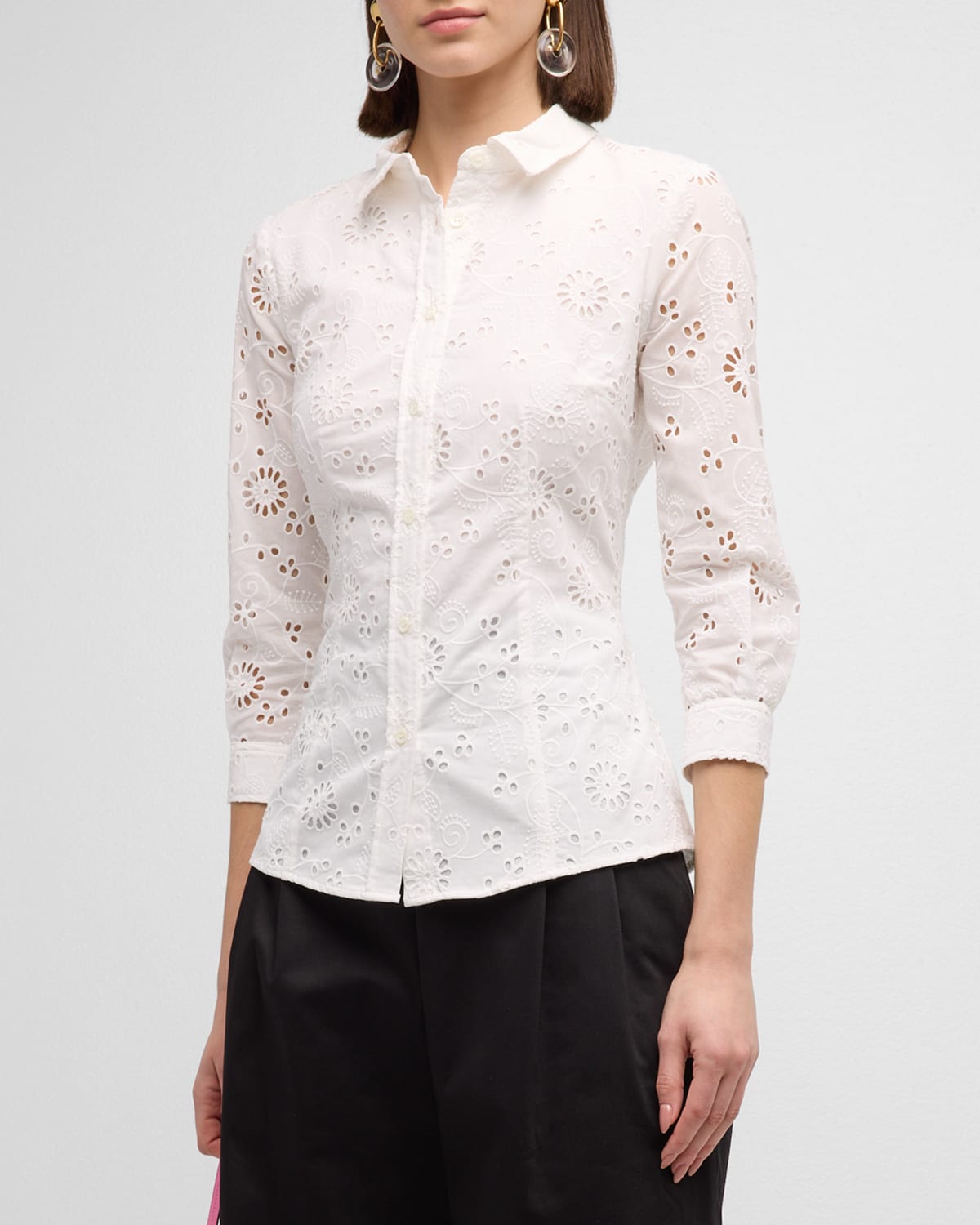 Carolina Herrera Broderie Anglaise 3/4-sleeve Collared Shirt In White