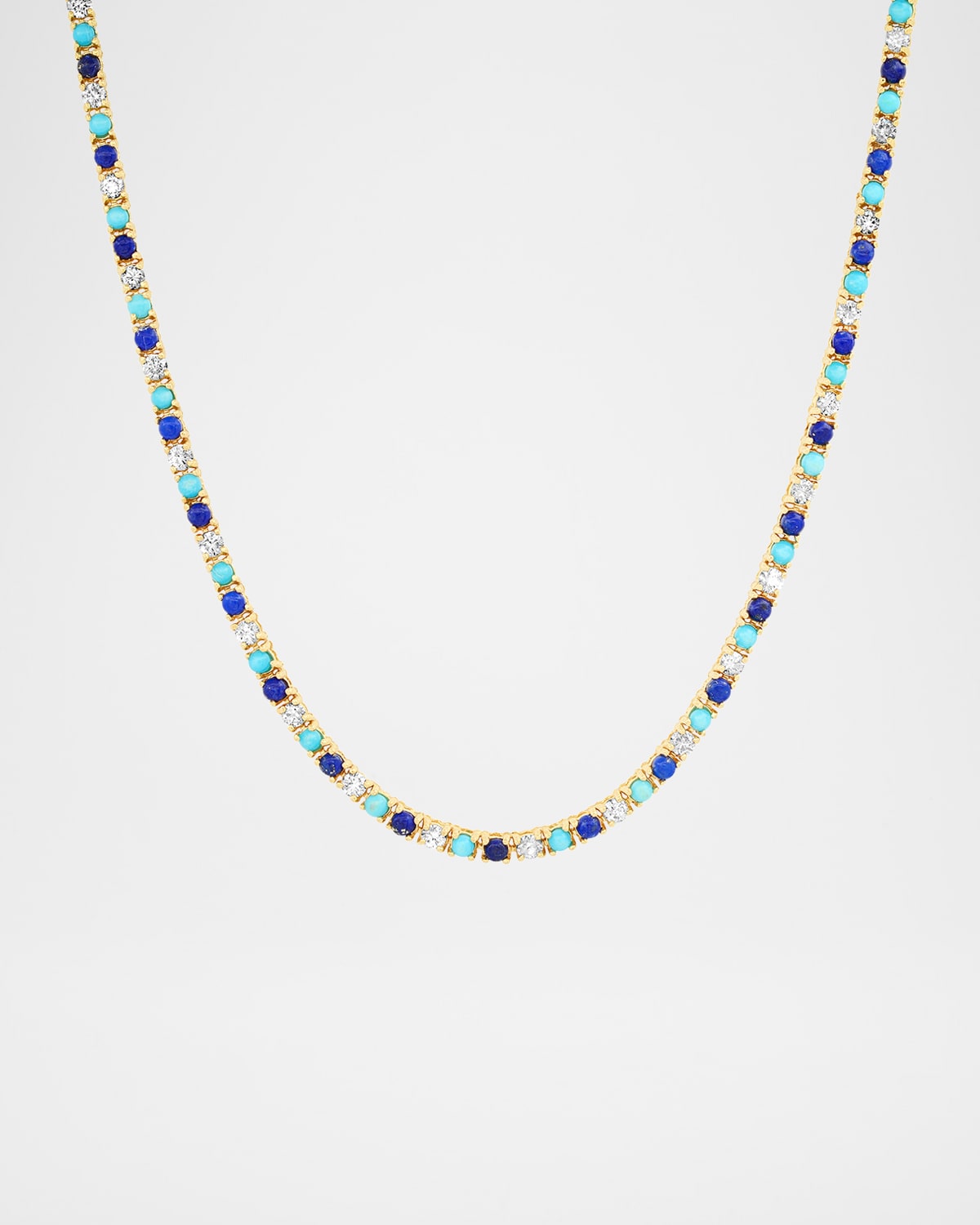 Jennifer Meyer 18K Yellow Gold Small 4 Prong Tennis Necklace with Diamonds, Lapis and Turquoise