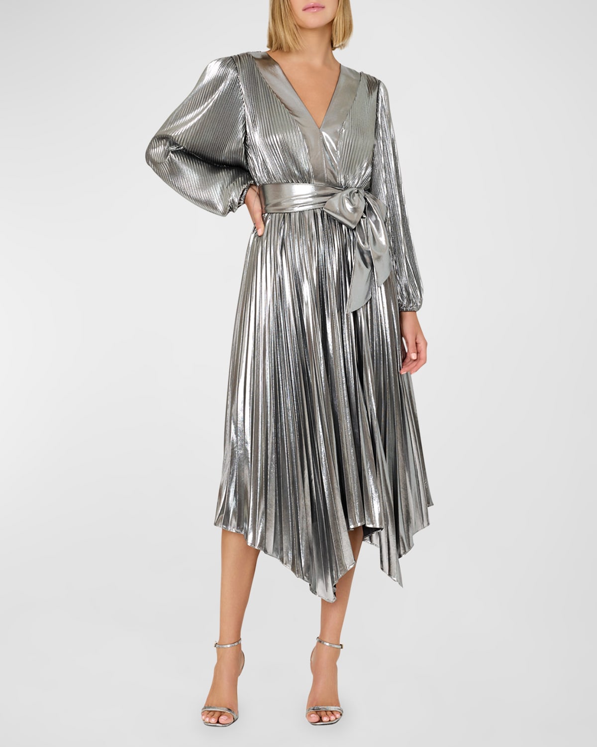Milly Liora Pleated Metallic Plunge Neckline Dress In Silver | ModeSens