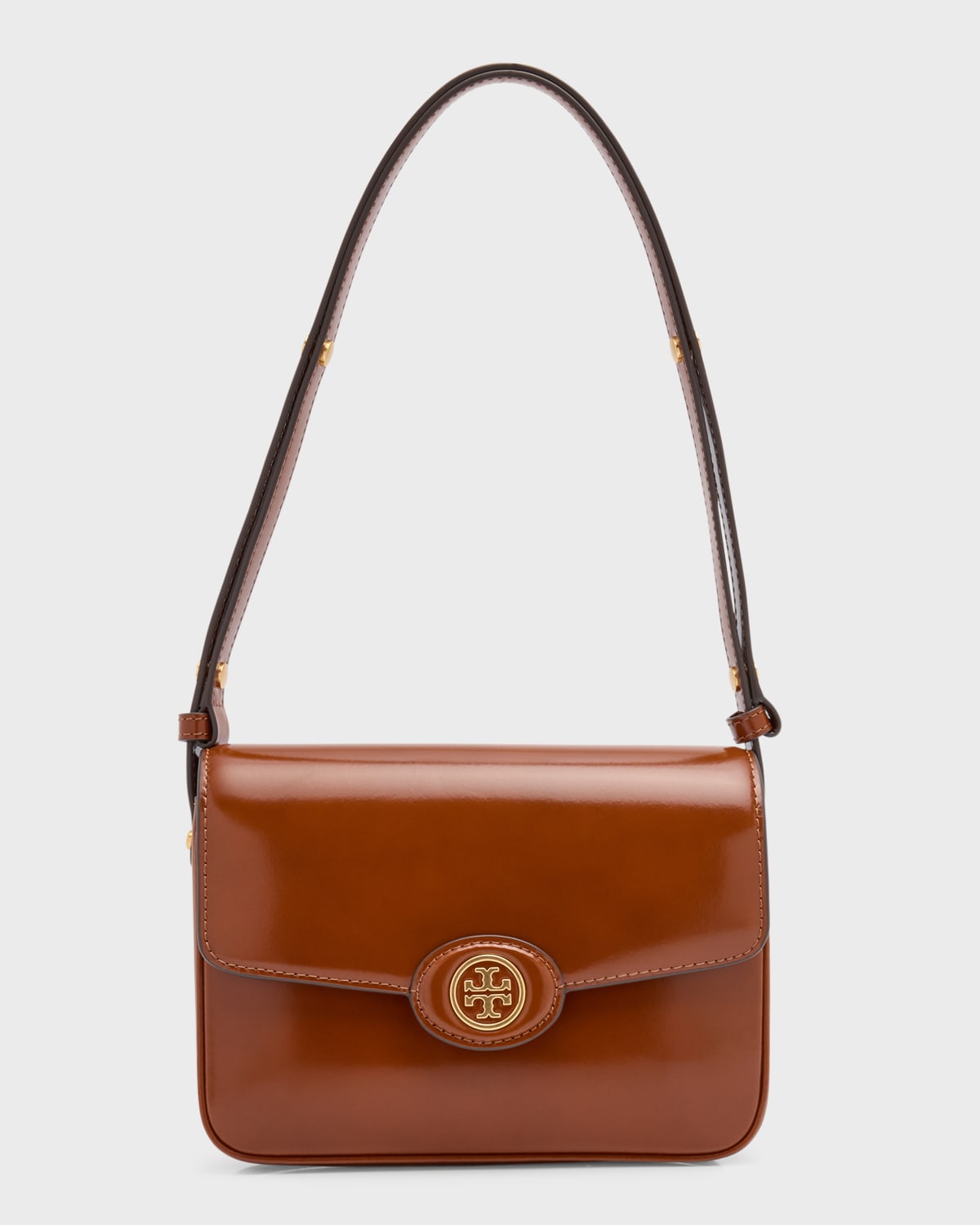 Tory Burch Robinson Convertible Patent Shoulder Bag In Dark Sienna