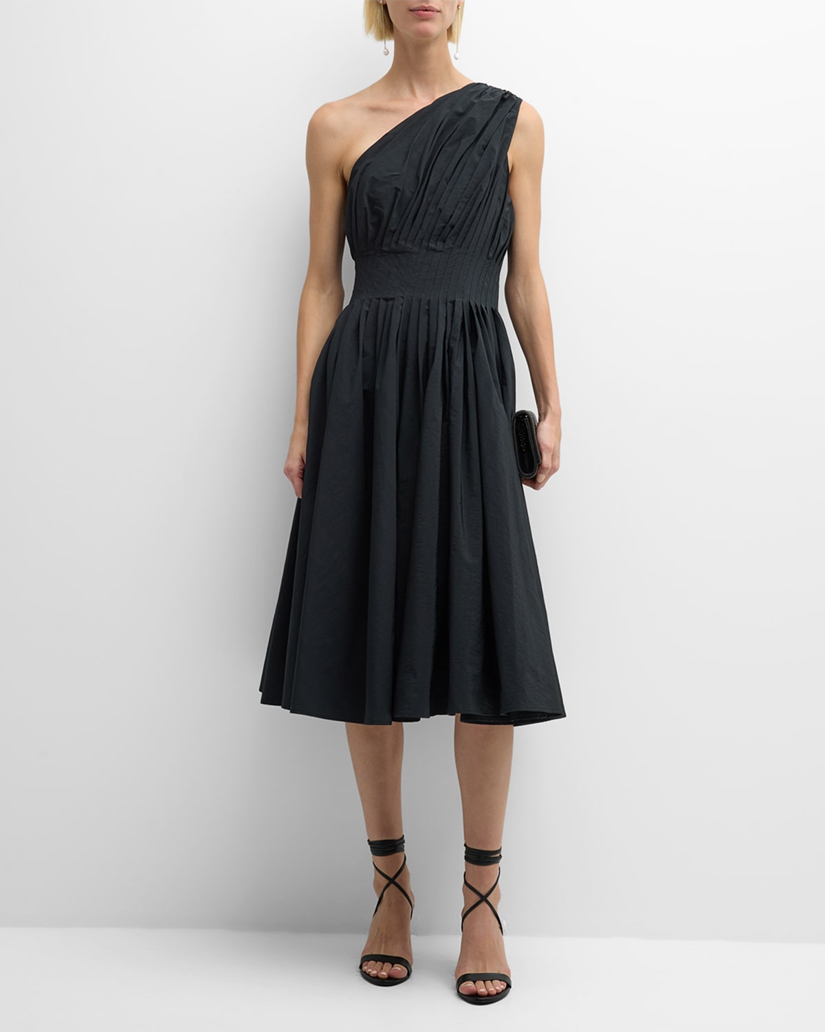 Natori Pleated One-shoulder Taffeta Midi Dress In Black