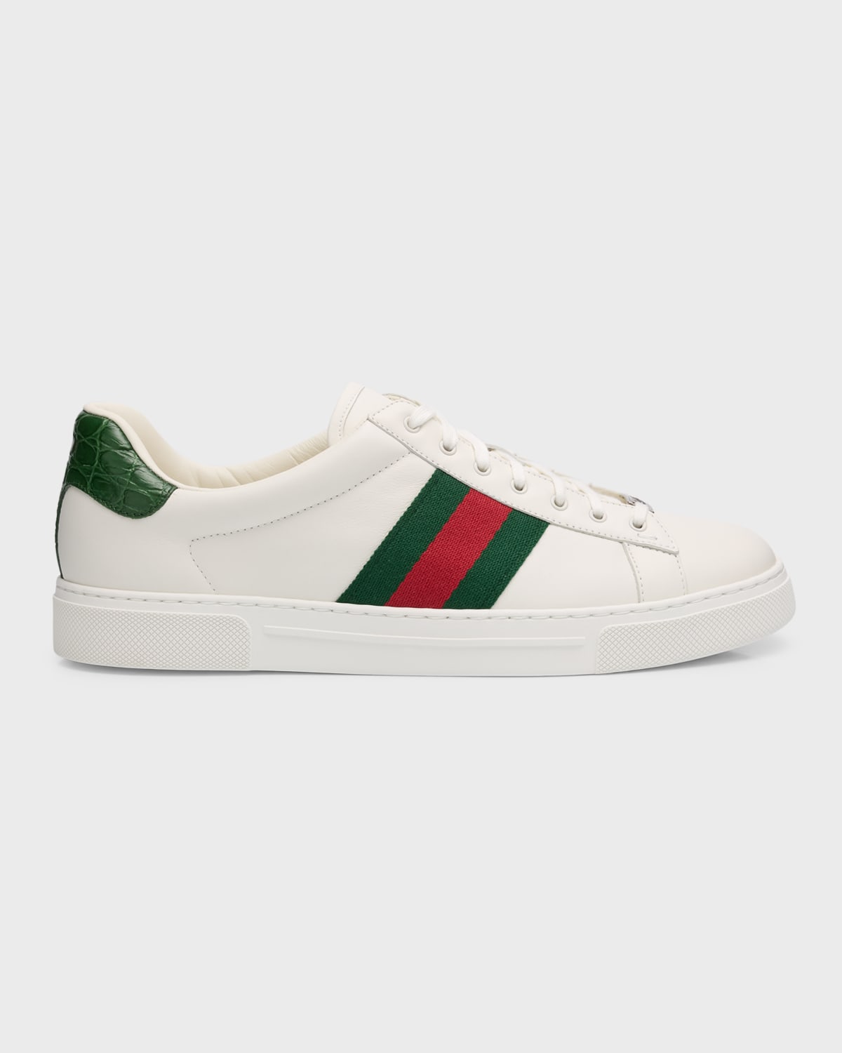 Shop Gucci Men's Ace Leather Web Low-top Sneakers In White