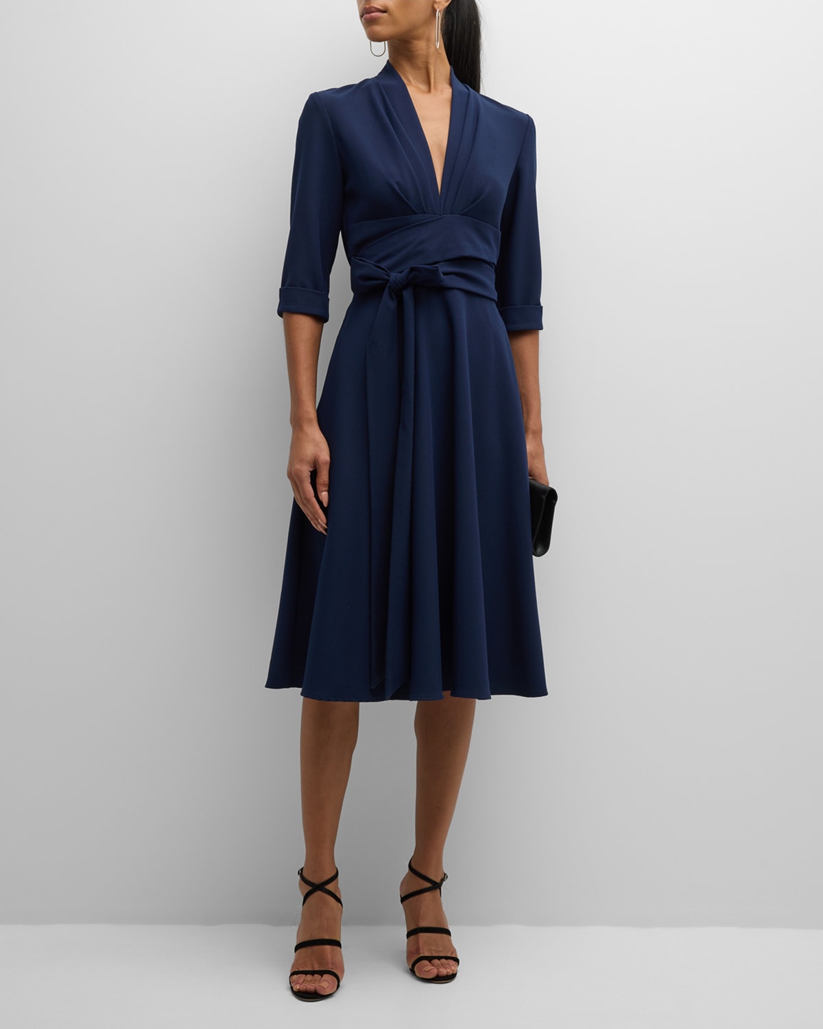 Black Halo Joan Pleated Belted Crepe Midi Dress In Navy