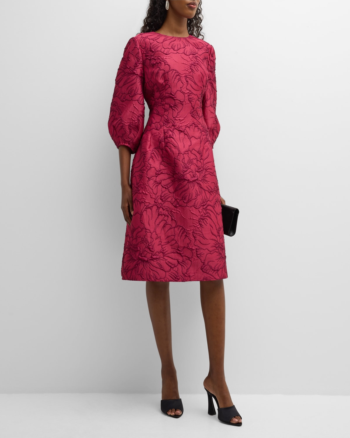 Rickie Freeman For Teri Jon Blouson-sleeve Floral Jacquard Midi Dress In Ruby