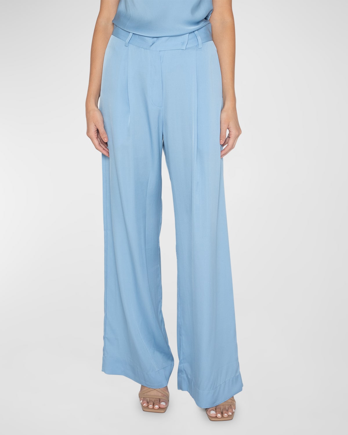 Nouvelle Silk95five Mayfair Pleated Straight-leg Silk-blend Pants In Aero Blue