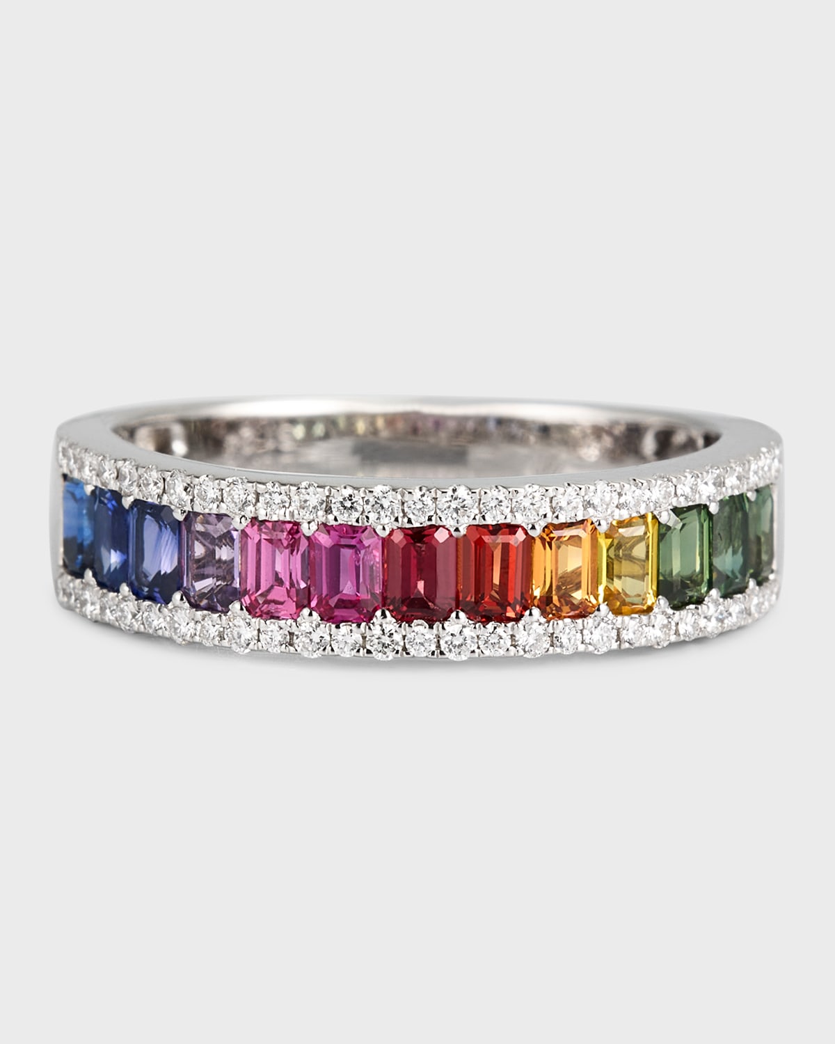 18K White Gold Ring with Multicolor Sapphires and Diamonds, Size 6.5