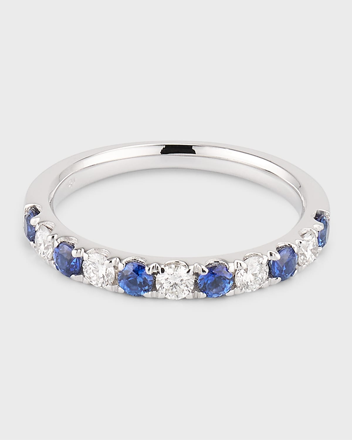 18K White Gold Ring with 2.5mm Alternating Diamonds and Blue Sapphires, Size 6