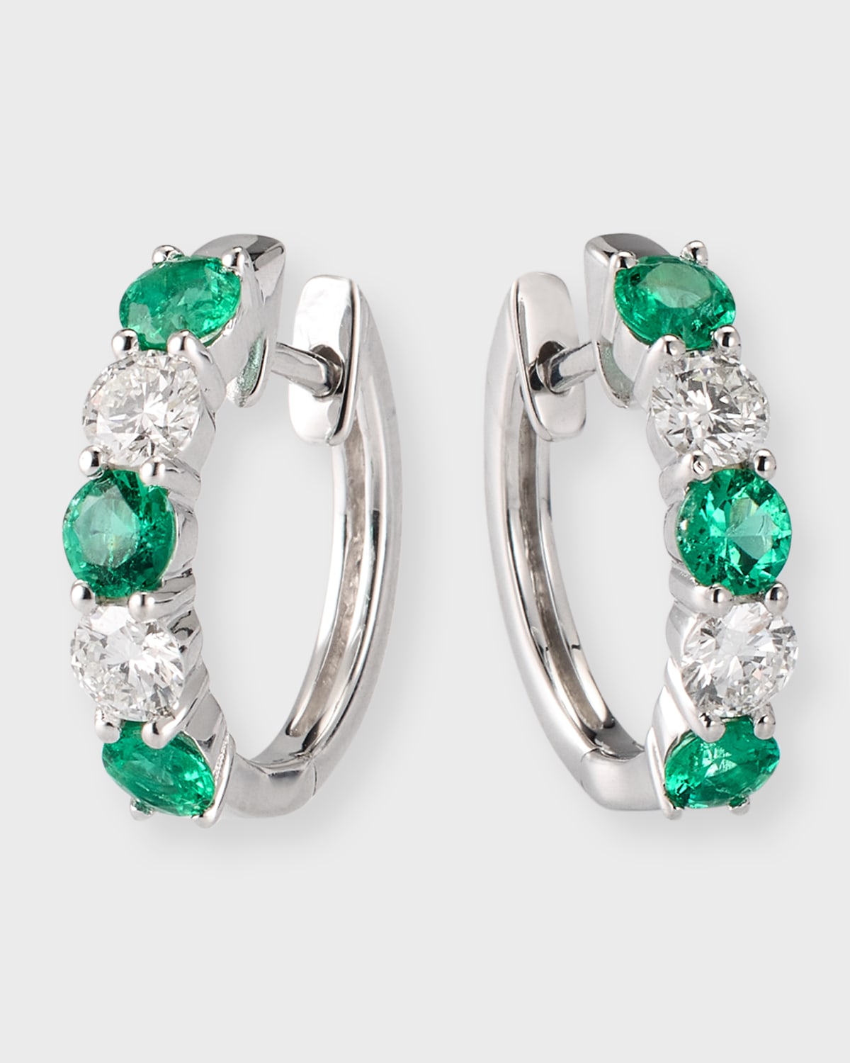 18K White Gold Earrings with 3.3mm Alternating Emeralds and Diamonds