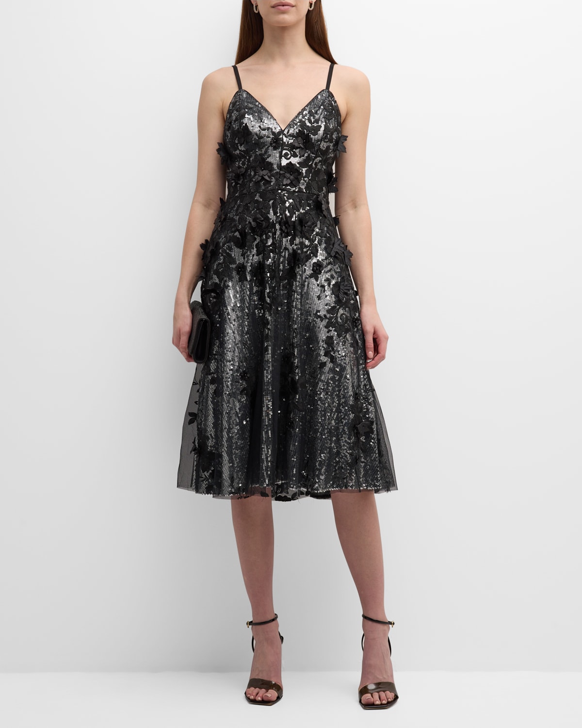 Dress The Population Black Label Tahani Floral-embroidered Sequin Midi Dress In Silver-black