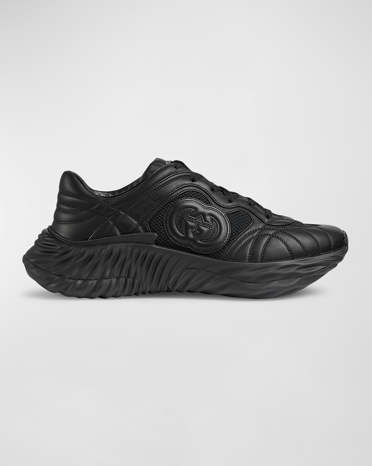Shop Gucci Men's Ripple Mesh And Leather Low-top Sneakers In Black