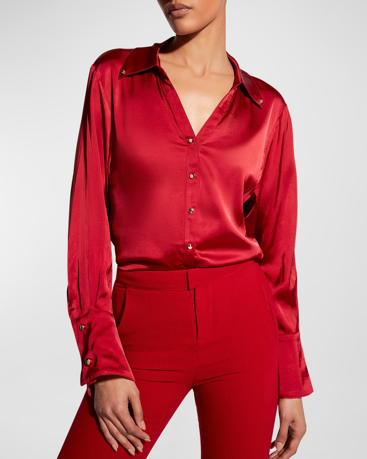 Shop As By Df Billie Button-front Satin Blouse In Coco Red