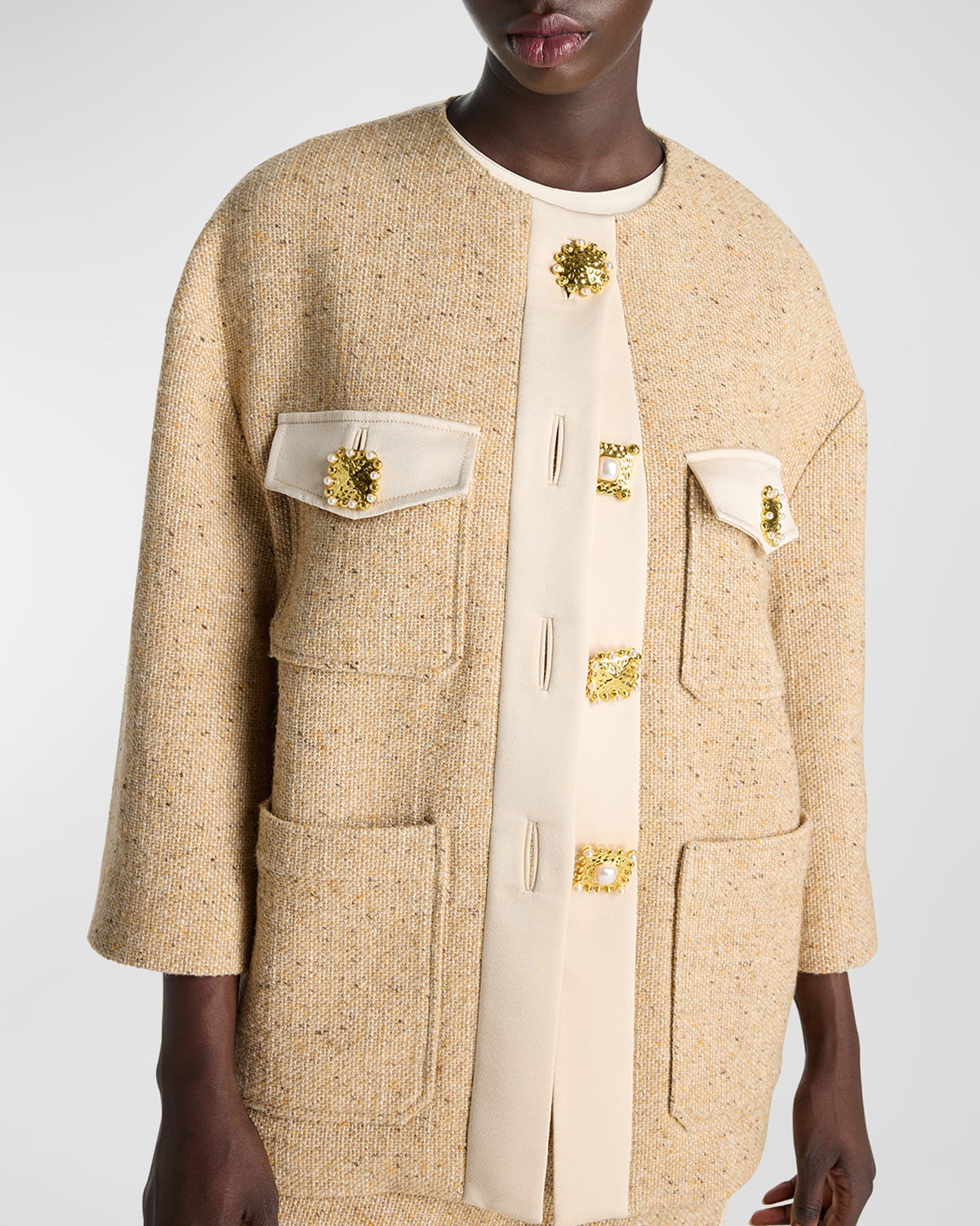 Shop St John Satin-trim Novelty-button Collarless Tweed Jacket In Ltsa