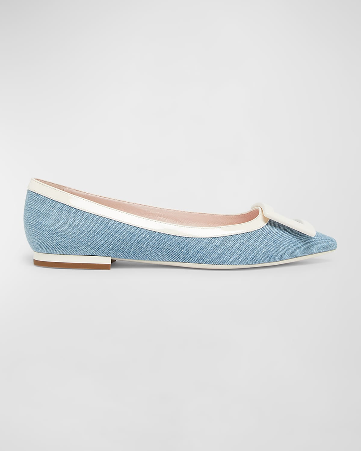 Roger Vivier Gommettine Buckled Denim And Patent-leather Ballet Flats In Jeans Chiaro/whit