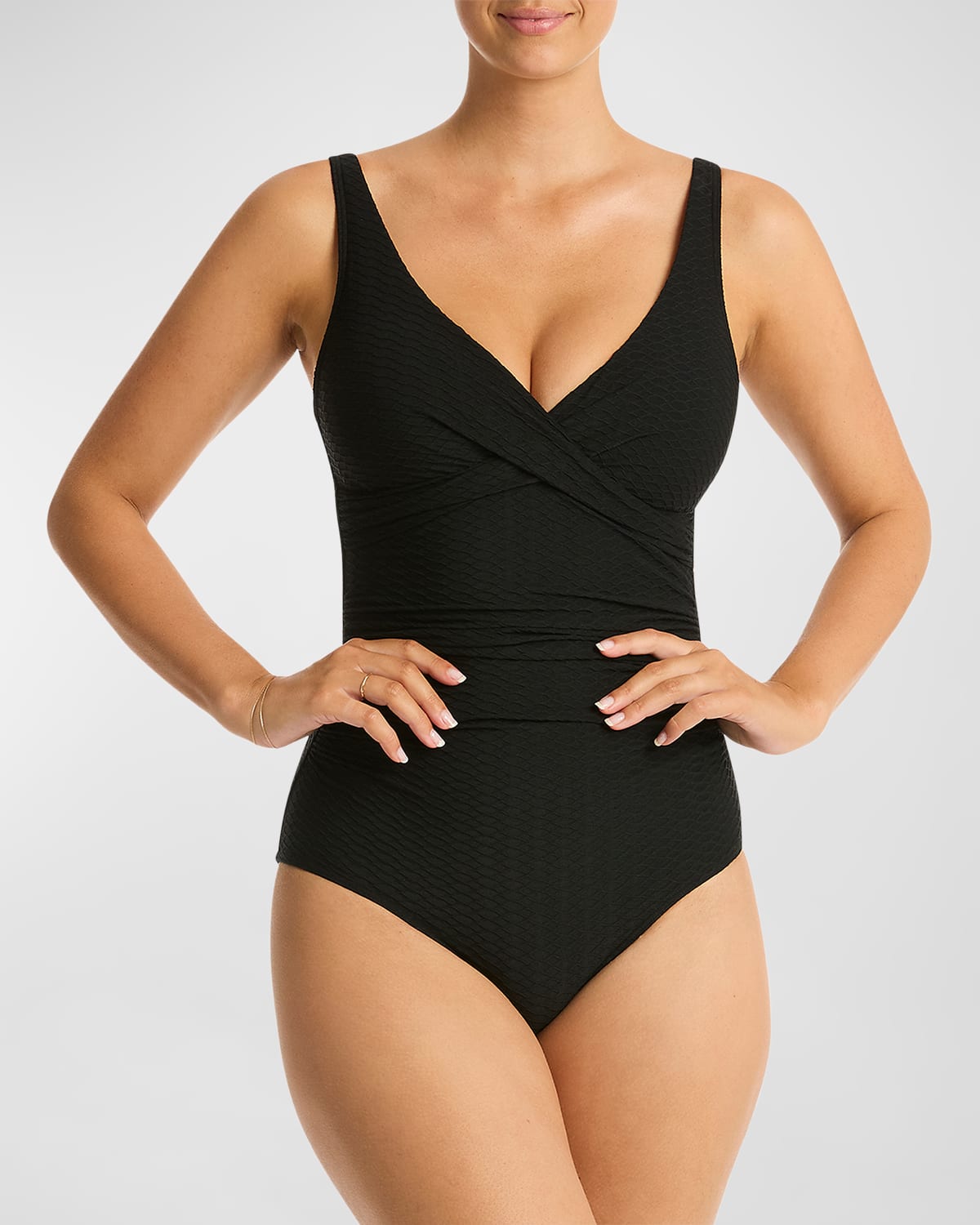 Sea Level Swim Honeycomb Cross-front Multi-fit One-piece Swimsuit In Black Eco
