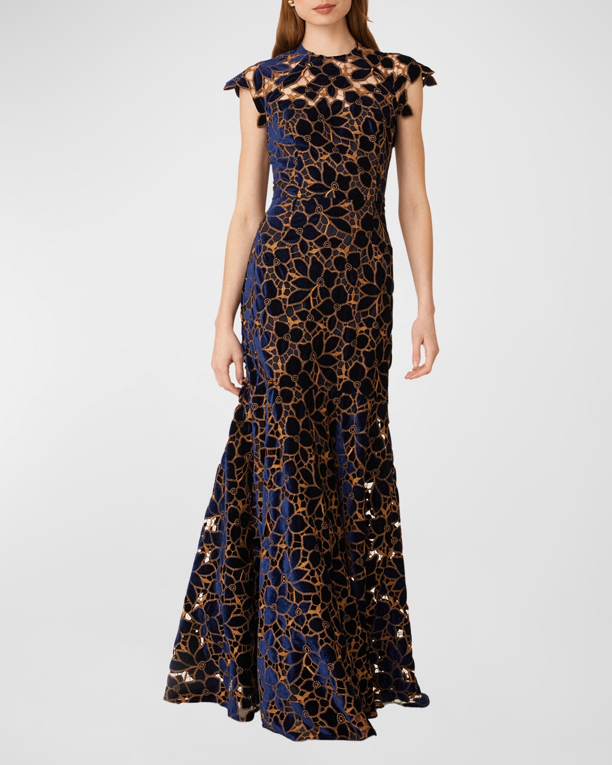 Shoshanna Velvet Floral-lace Cap-sleeve Gown In Navy Camel