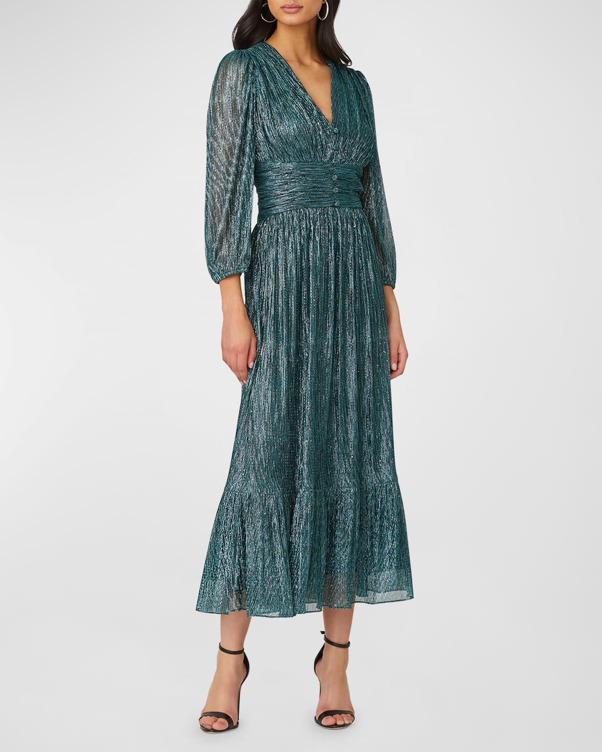 Shop Shoshanna Clara Blouson-sleeve Metallic Empire Midi Dress In Teal Mtlc