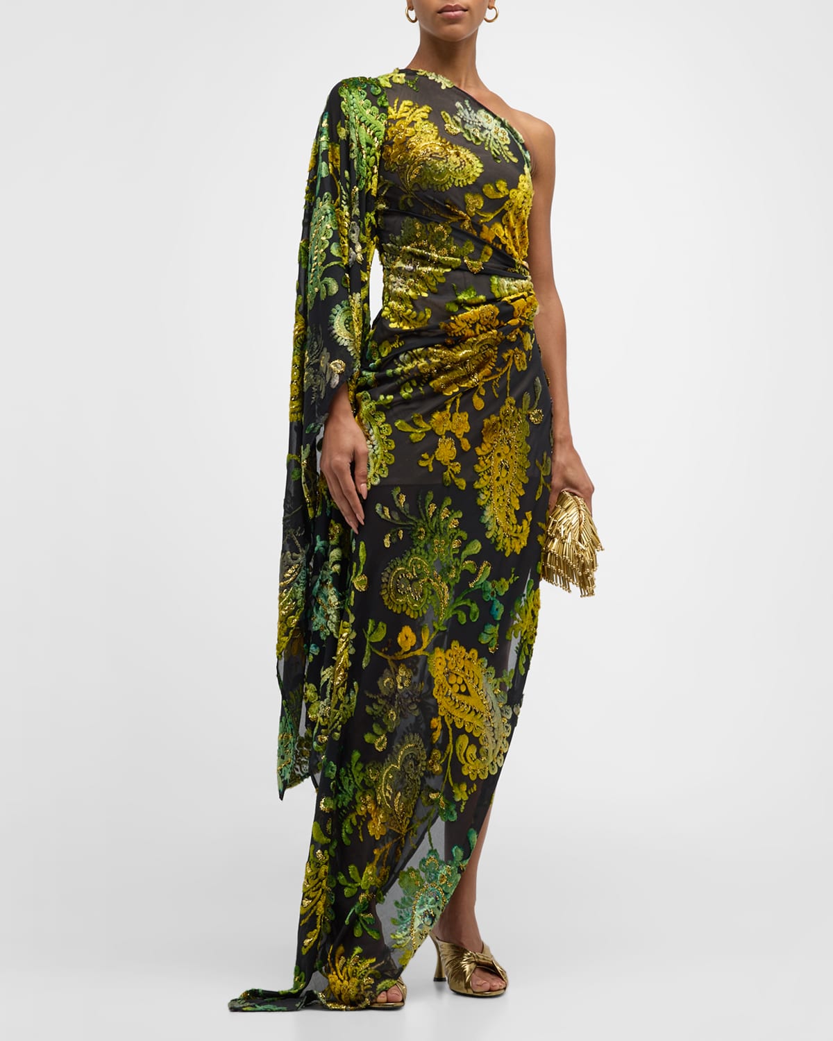 Shop Cult Gaia Adira One-shoulder Burnout Column Gown In Green Multi
