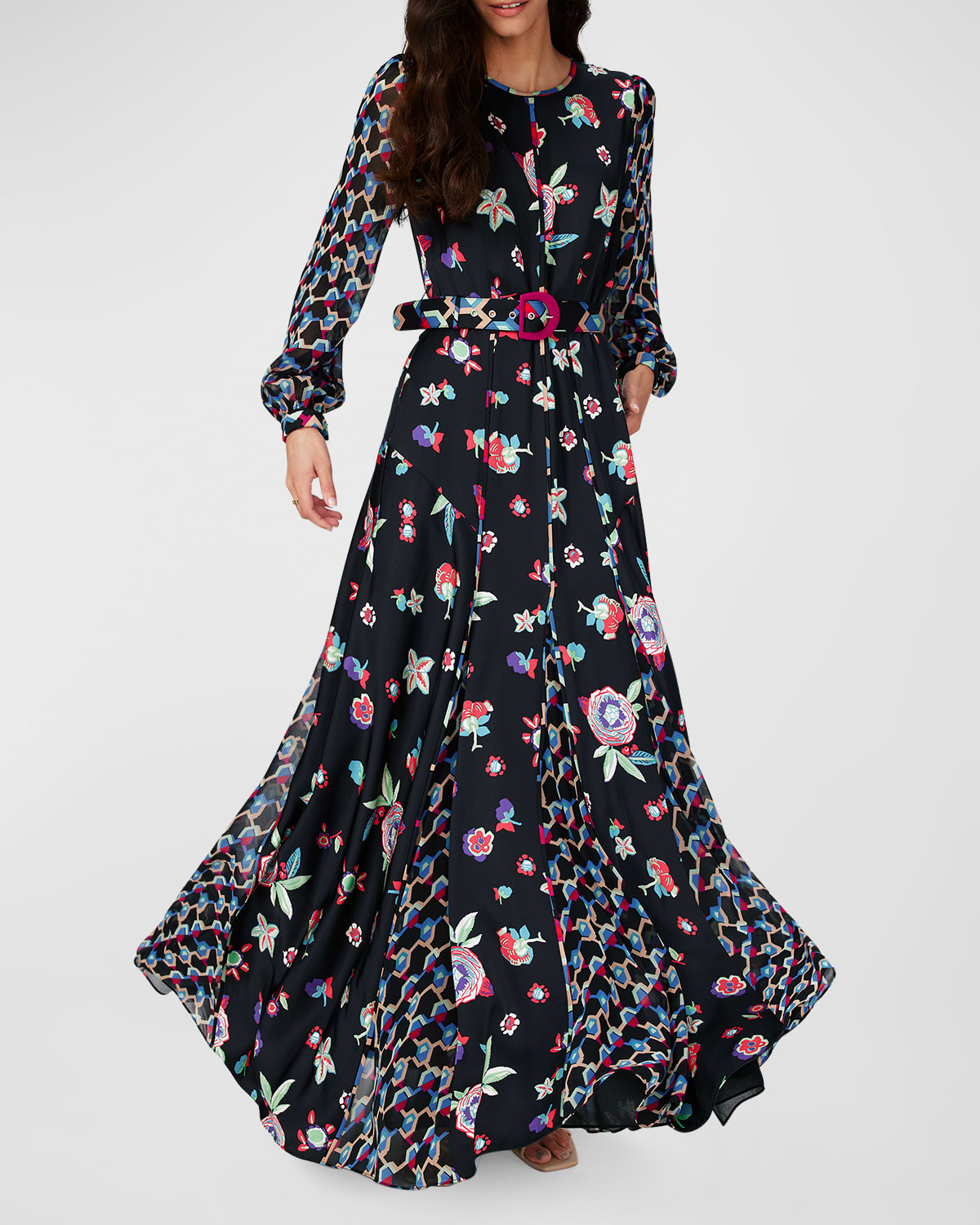 DIANE VON FURSTENBERG ELLIOT BELTED FLORAL-PRINT GODET MAXI DRESS