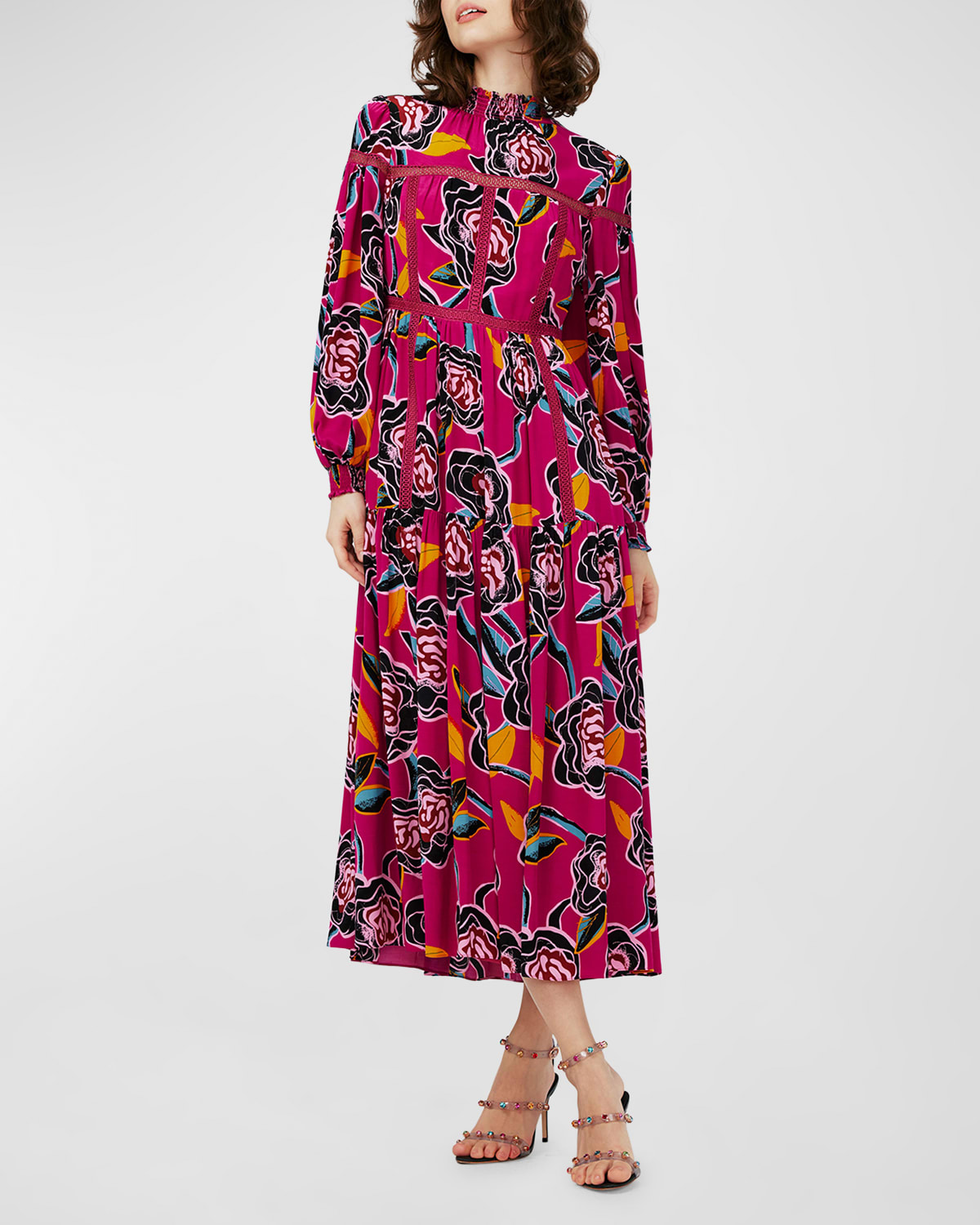 Cherie Floral-Print Lace-Inset Midi Dress