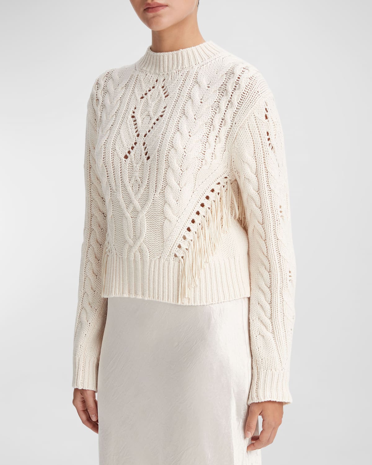 Shop Vince Wool Fringe-trim Cable-knit Sweater In Cream