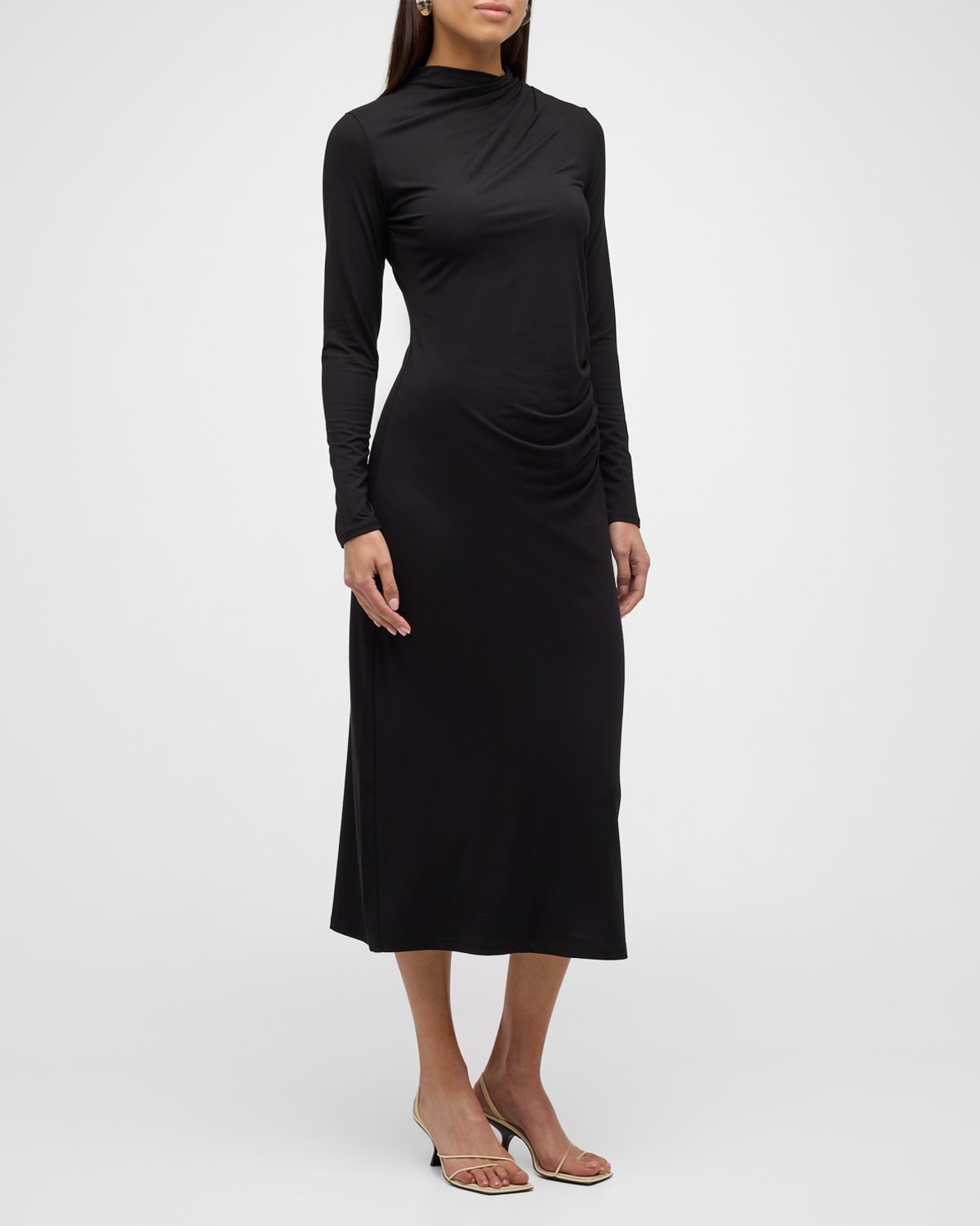 Shop Vince Long-sleeve Ruched Turtleneck Midi Dress In Black