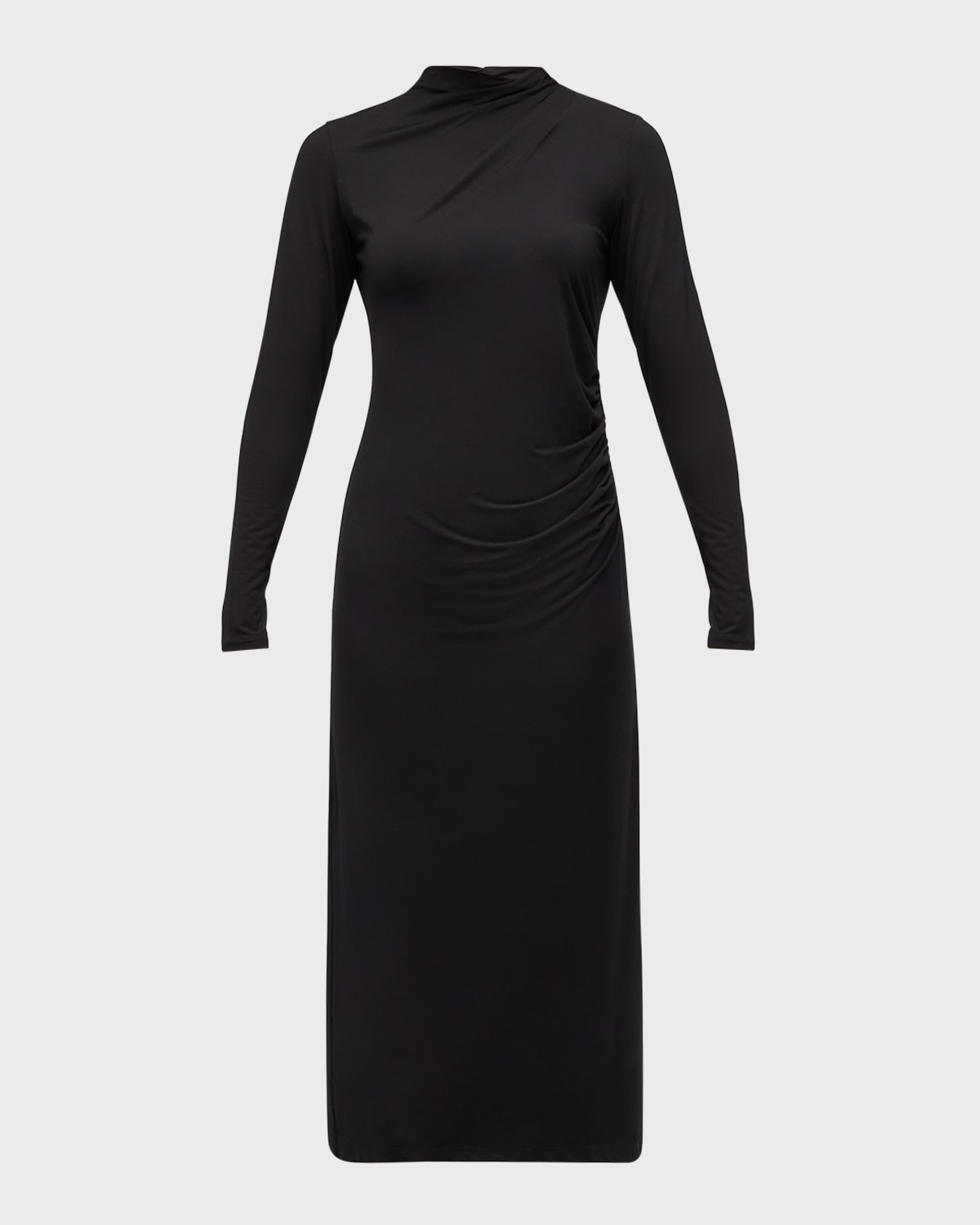 Shop Vince Long-sleeve Ruched Turtleneck Midi Dress In Black