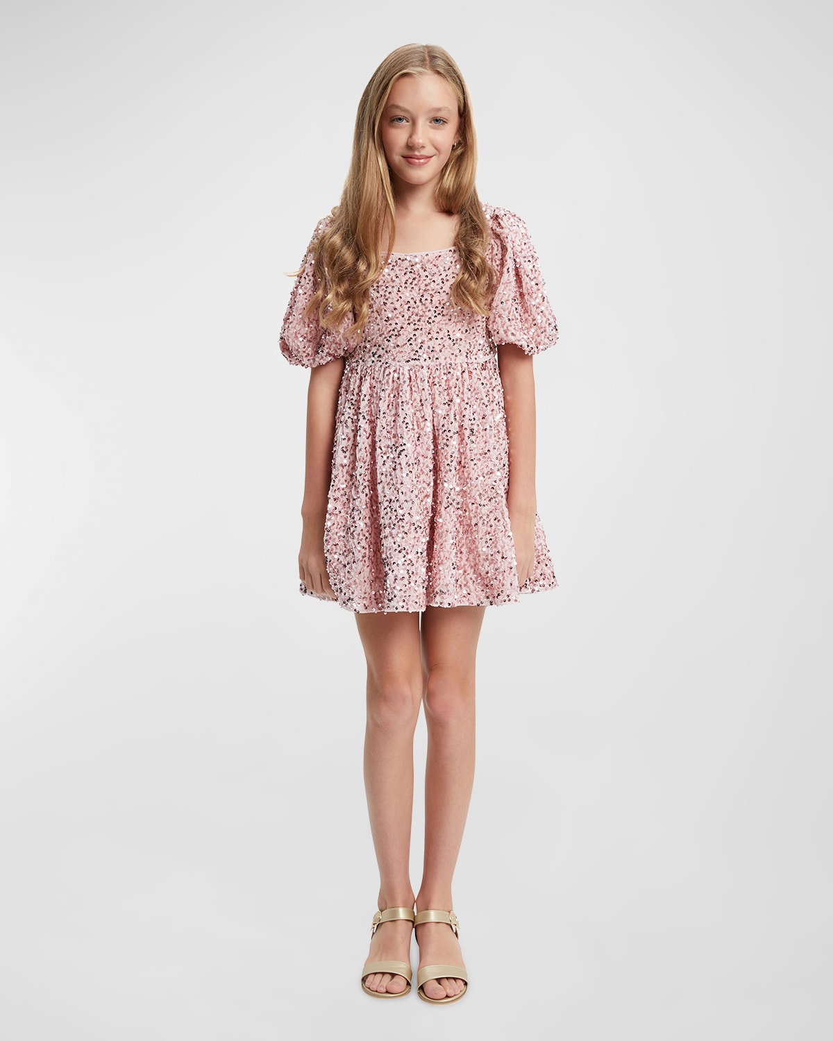 Bardot Junior Kids' Girl's Giulia Sequin Puff Sleeve Mini Dress In Pink Sequin