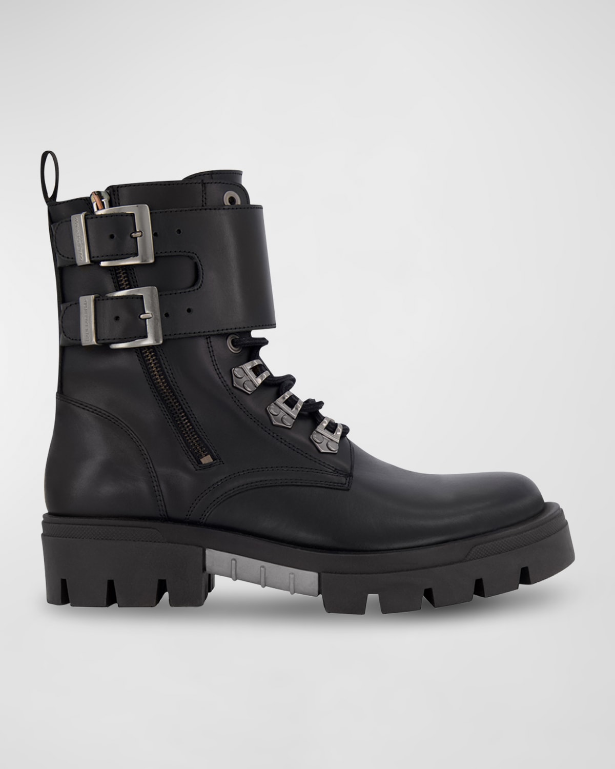 Shop Karl Lagerfeld Men's Double-buckle Monk Leather Combat Boots In Black