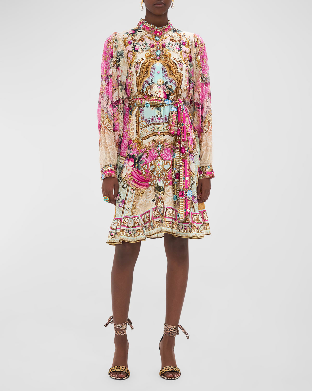 Camilla Drop-sleeve Tie-waist Short Printed Silk Shirtdress In Call Of The Canal