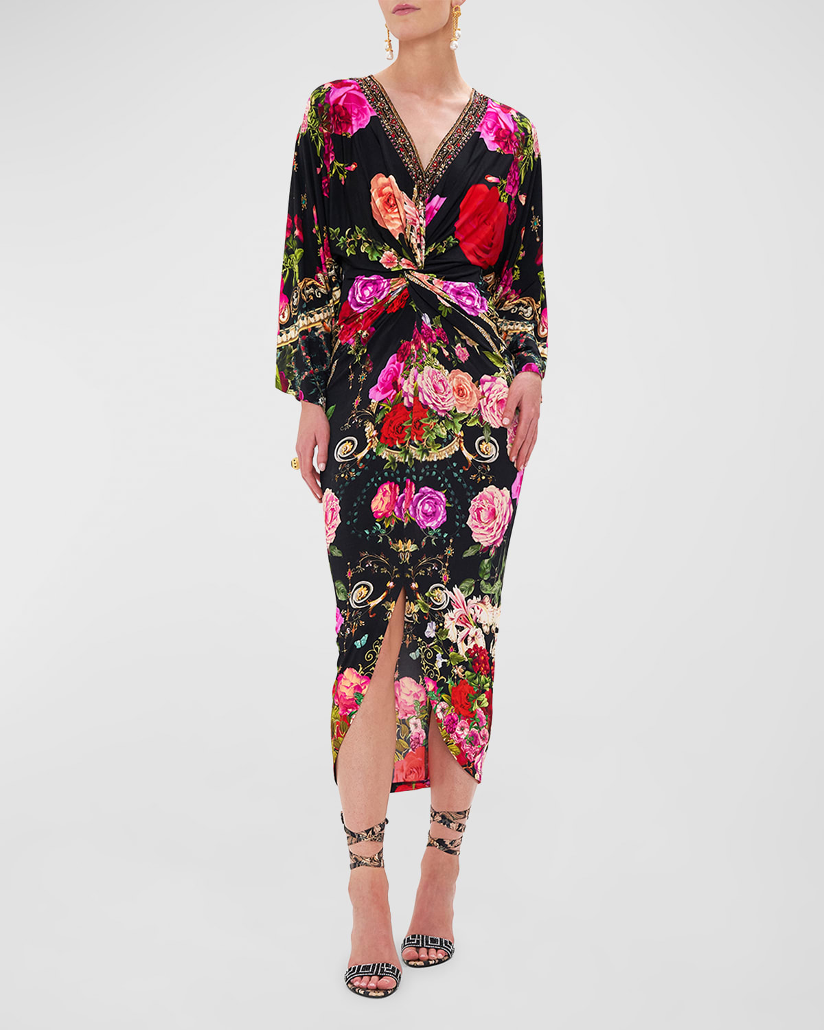 Long Floral Silk Split-Front Twist Dress