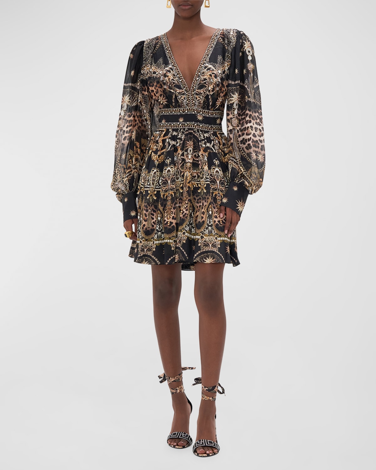 Shop Camilla Short Printed Silk Dress With Ruched Waistband In Masked Moonlight