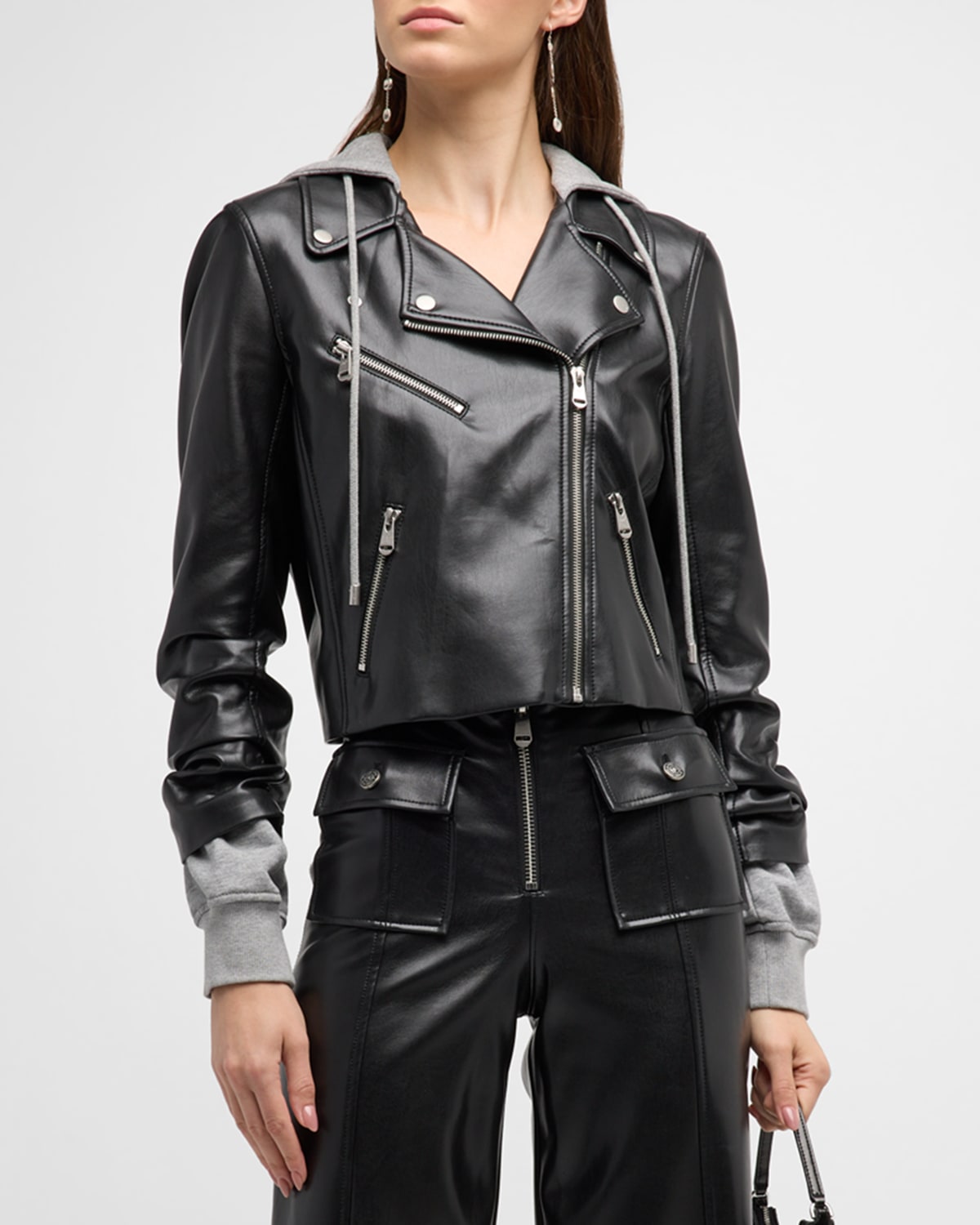 Shop Cinq À Sept Evie Vegan Leather Combo Hooded Jacket In Blackheather Grey