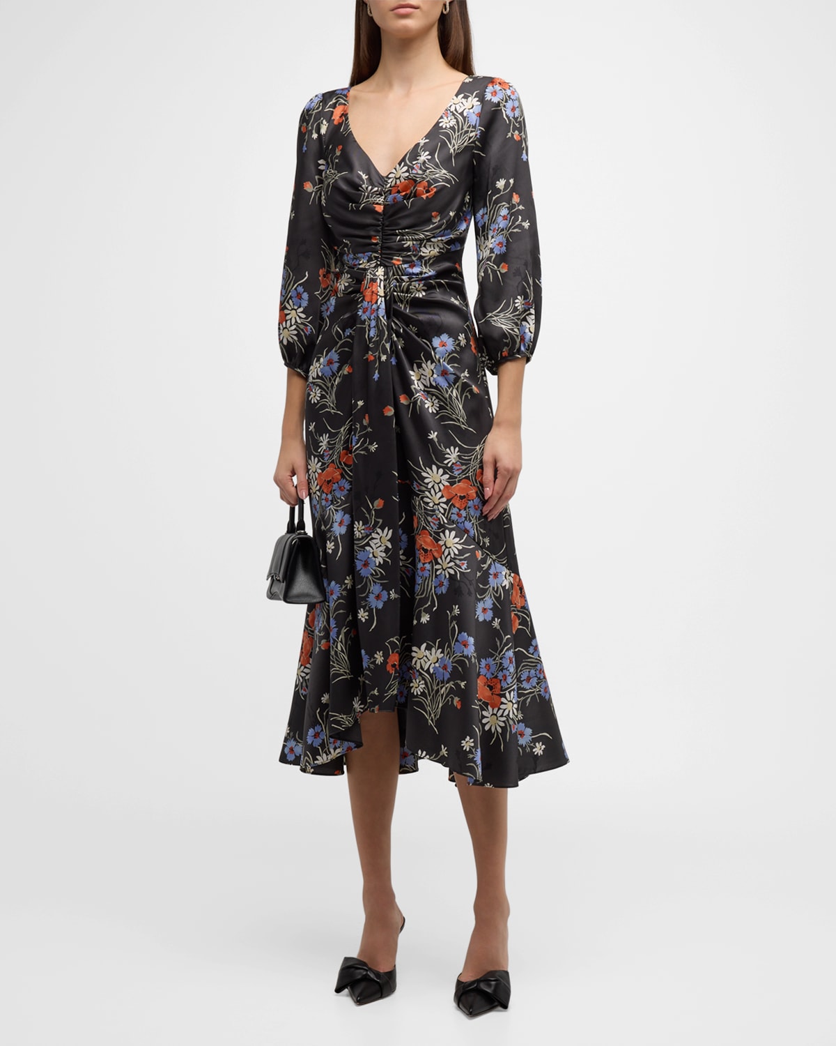Shop Cinq À Sept Walker Puff-sleeve Floral Midi Dress In Obsidian Multi