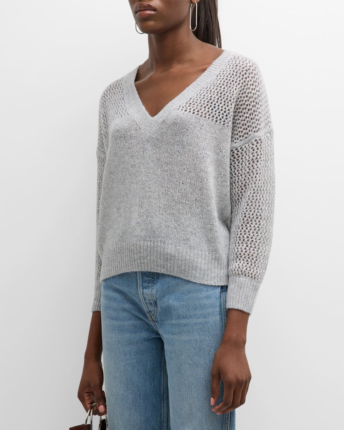 Autumn Cashmere 3/4-sleeve V-neck Mesh Sweater In Tinsel