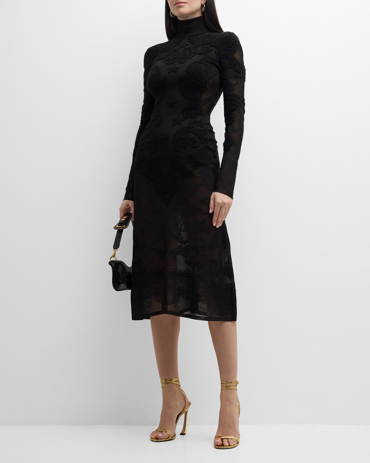 Shop Balmain Semi-sheer Baroque Knit Midi Dress In Black
