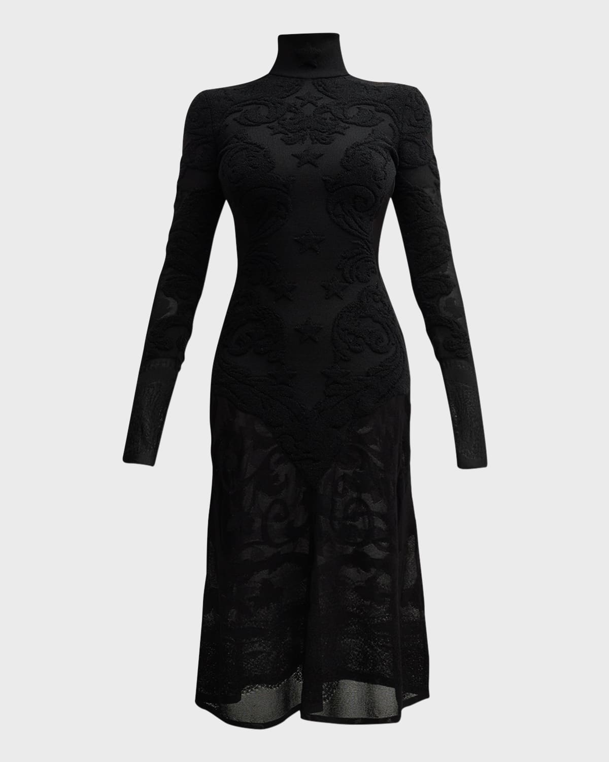 Shop Balmain Semi-sheer Baroque Knit Midi Dress In Black