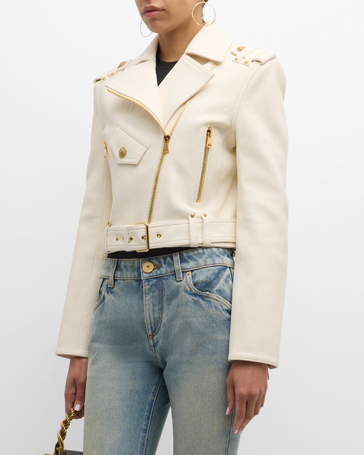 Shop Balmain Cropped Leather Moto Jacket With Belt In Cream