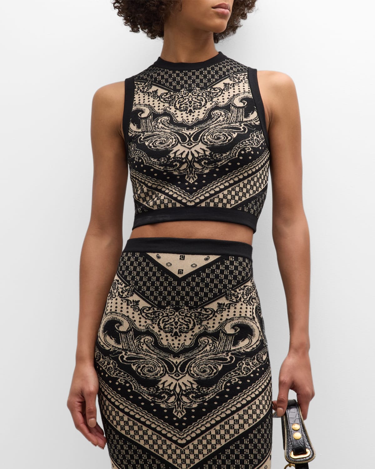 Shop Balmain Paisley And Monogram Knit Cropped Tank Top In Ivoryblk