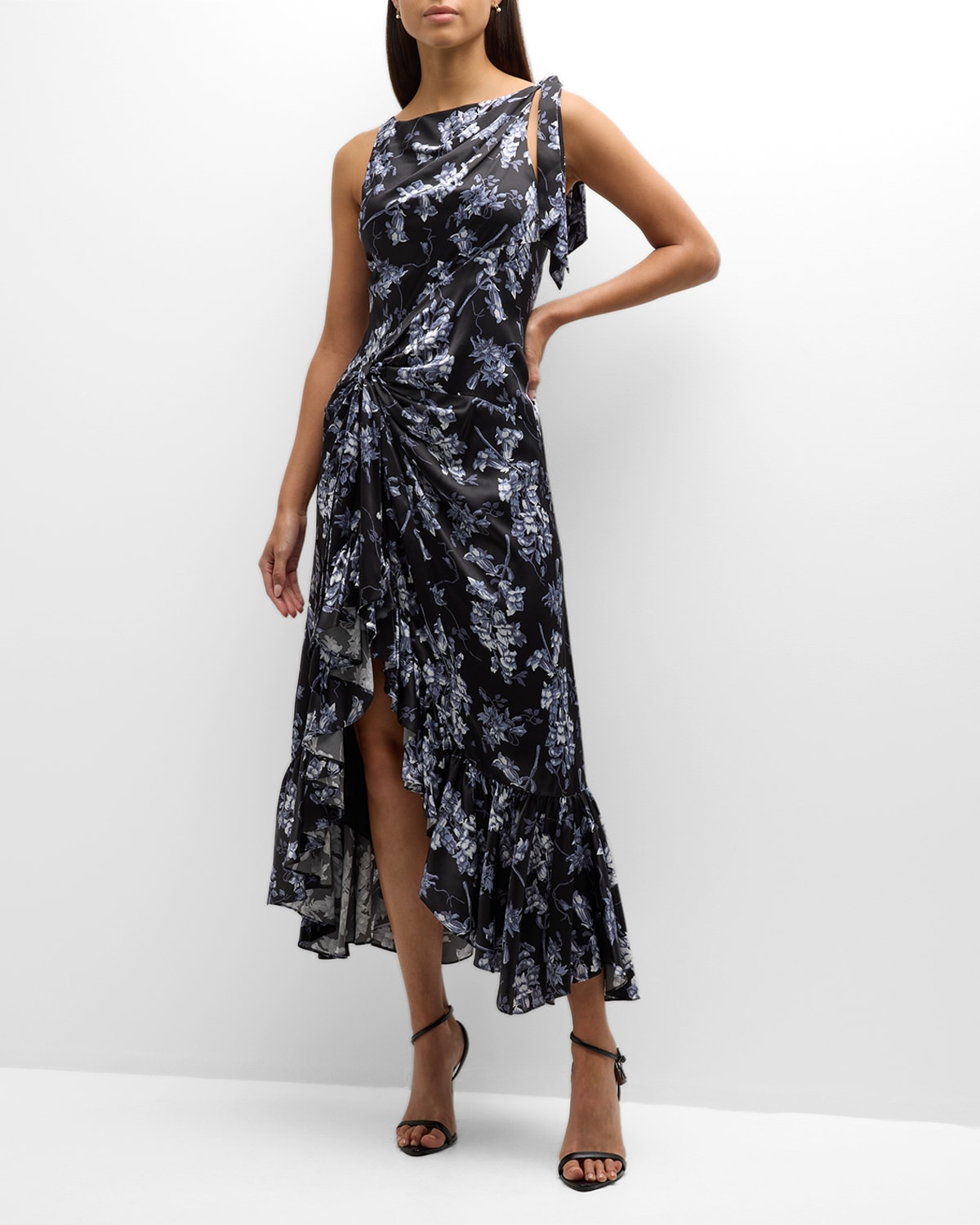 Shop Cinq À Sept Anwan Floral Silk Sleeveless High-low Midi Dress In Black Multi