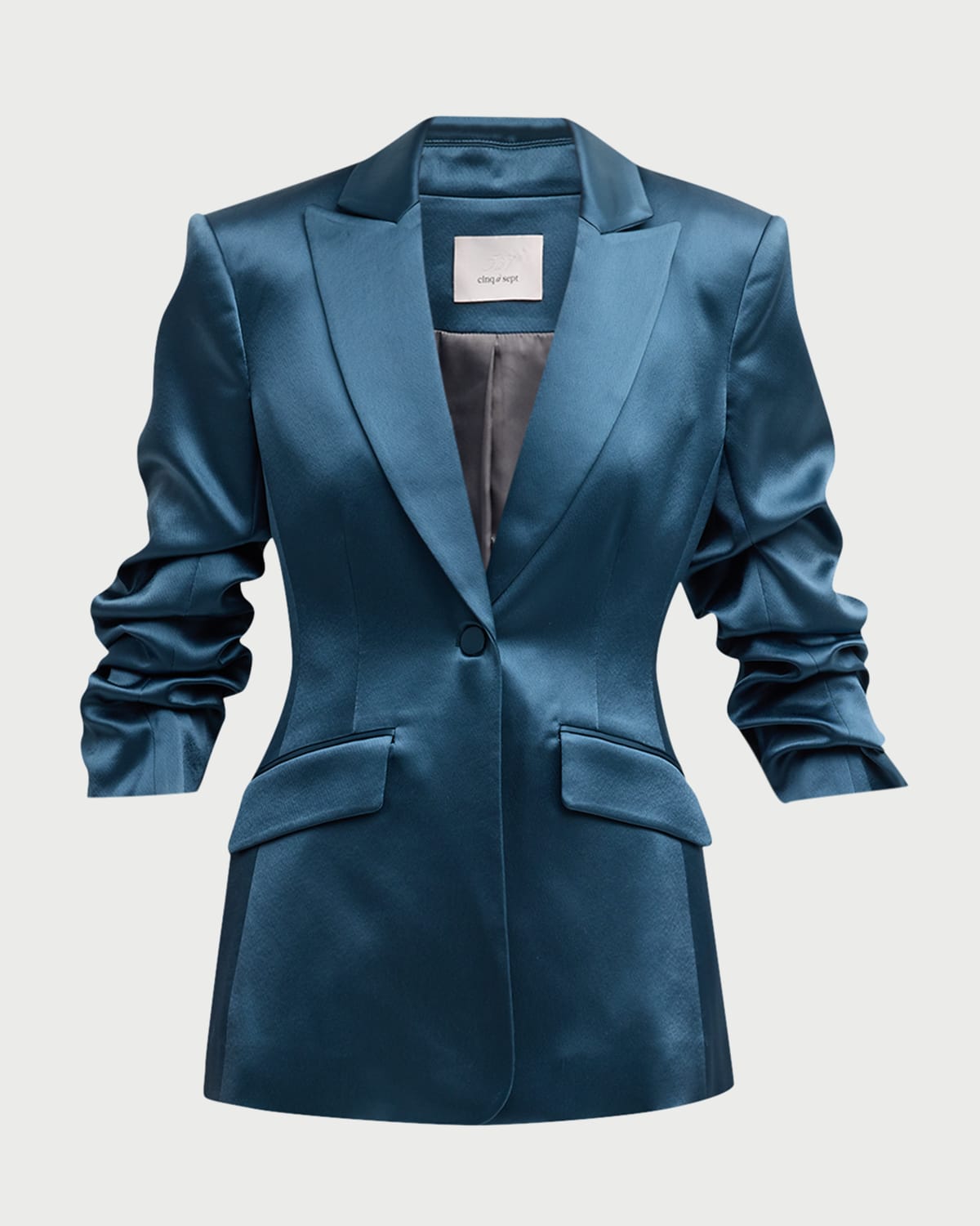 Shop Cinq À Sept Cheyenne Smooth Satin Scrunched-sleeve Blazer In Onyx