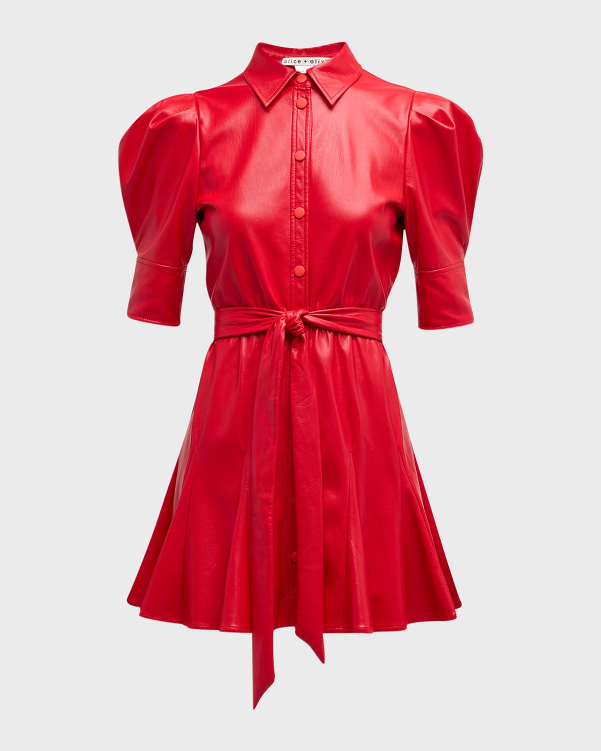 Shop Alice And Olivia Lurlene Vegan Leather Mini Shirtdress In Bright Ruby