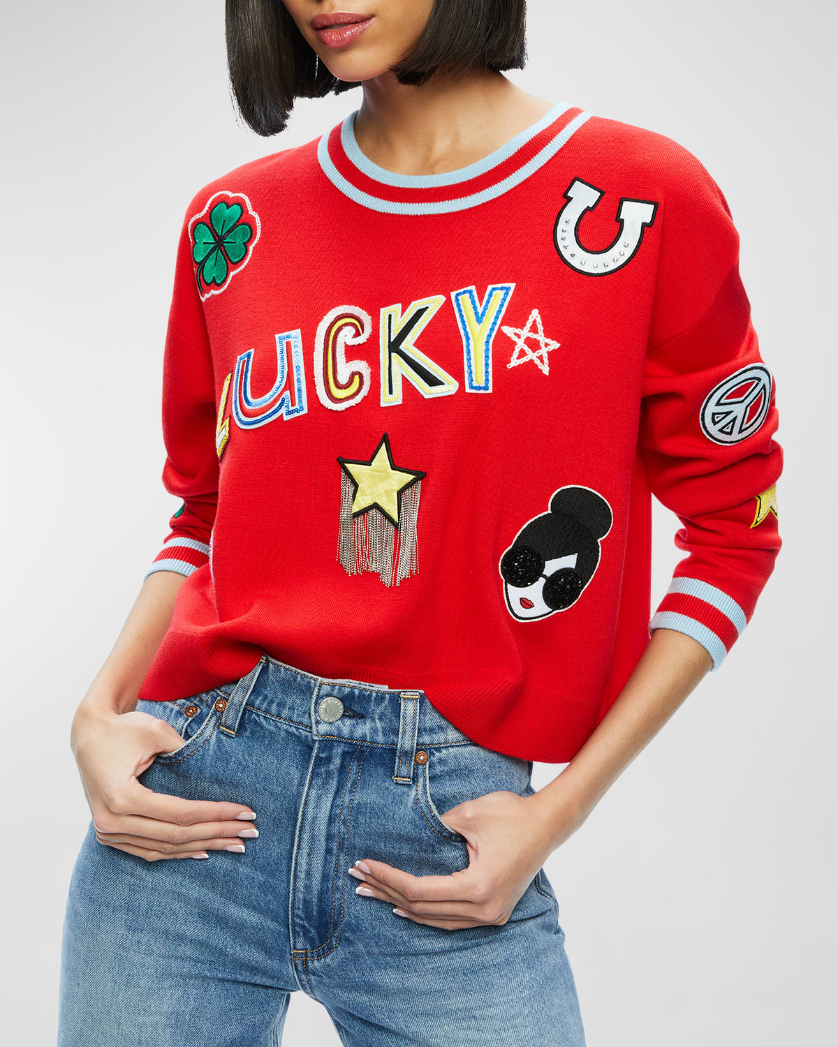ALICE AND OLIVIA GLEESON EMBELLISHED PATCH PULLOVER