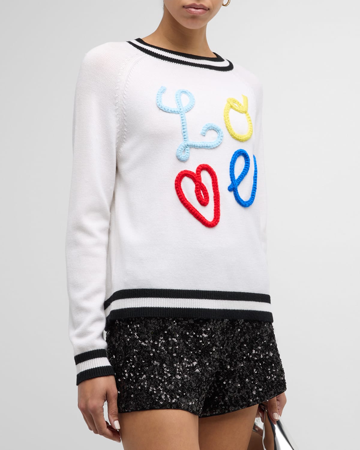 Alice And Olivia Albina Embroidered Wool Raglan Sweater In Soft White Black