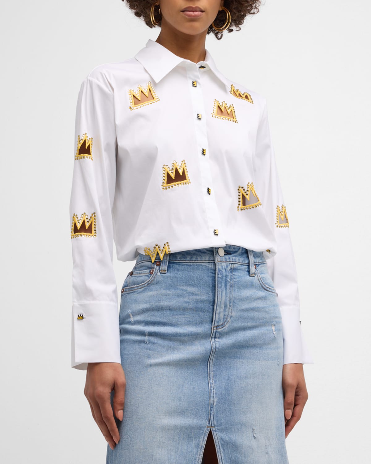 Shop Alice And Olivia Finely Embellished Crown Cutout Button-front Shirt In Off White Multi