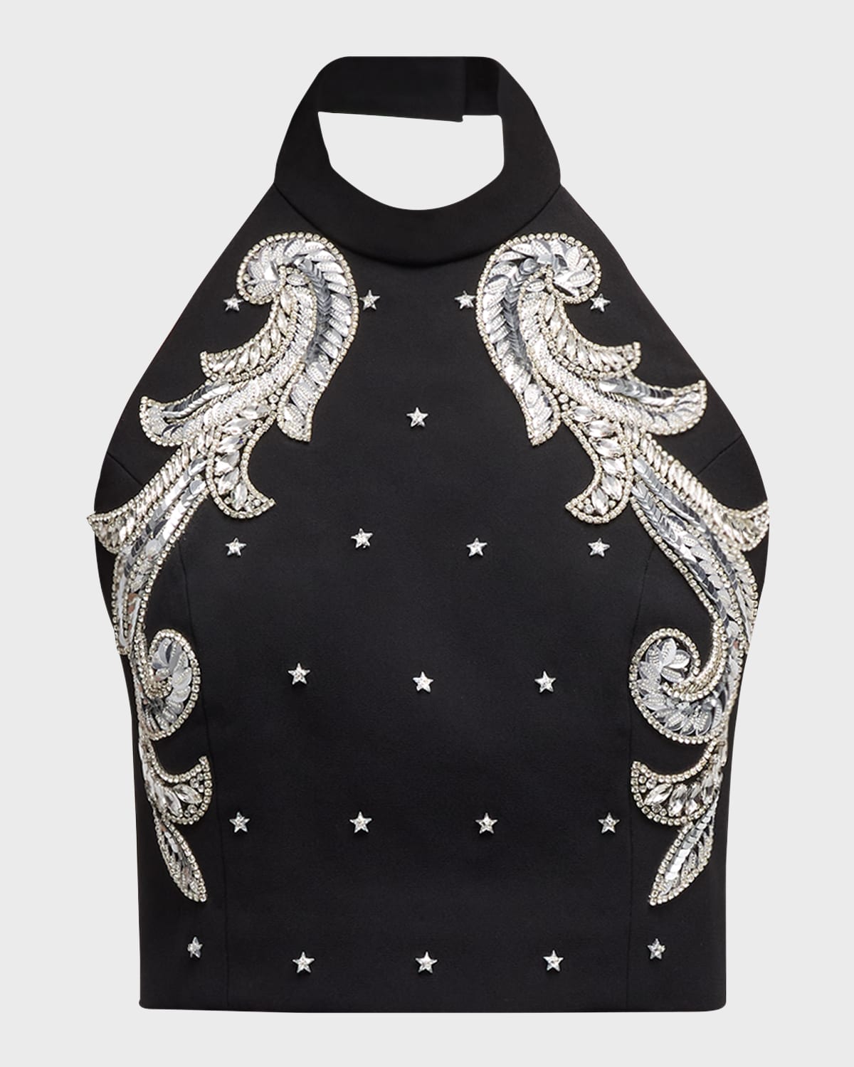 BALMAIN SEQUINED BAROQUE CREPE CROP HALTER TOP