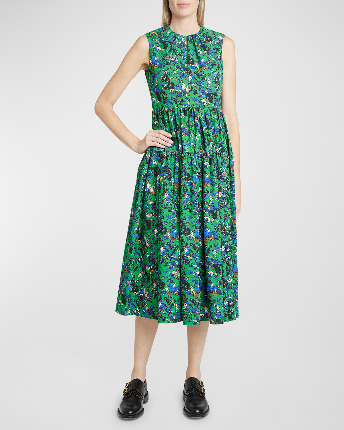 Floral-Print Sleeveless Tiered Midi Dress