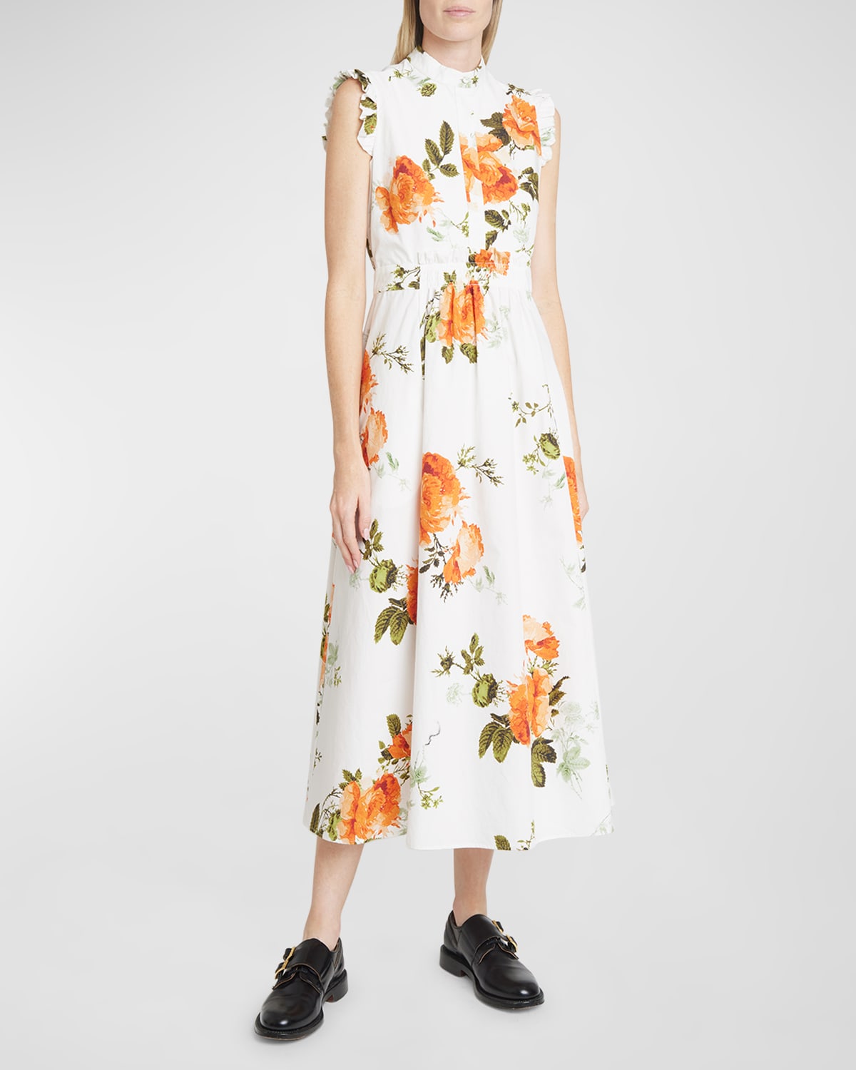 Floral-Print Ruffle Sleeveless Midi Shirtdress